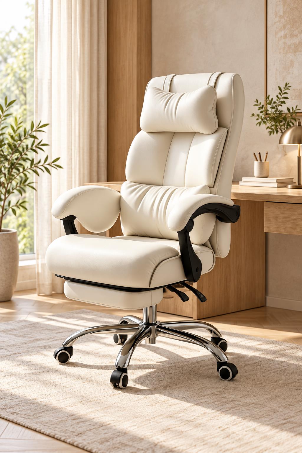 Ivory reclining executive office chair in a warm home office with the footrest fully stowed